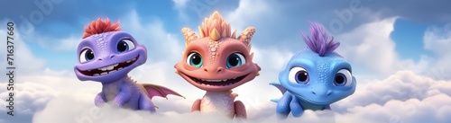 Whimsical characters of dragons and dinosaurs coming together in a cartoon, promoting the theme of friendship for children. photo