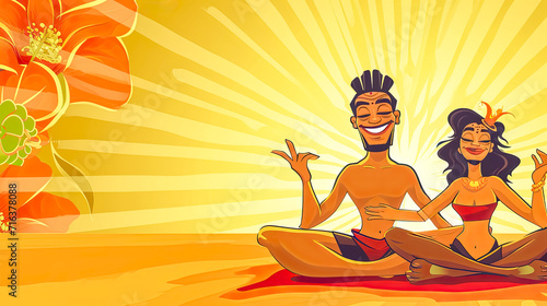 couple sitting in a lotus position, meditating with a warm, radiant sunburst in the background, and a large orange flower on the side, exuding a sense of peace, happiness, and harmony.