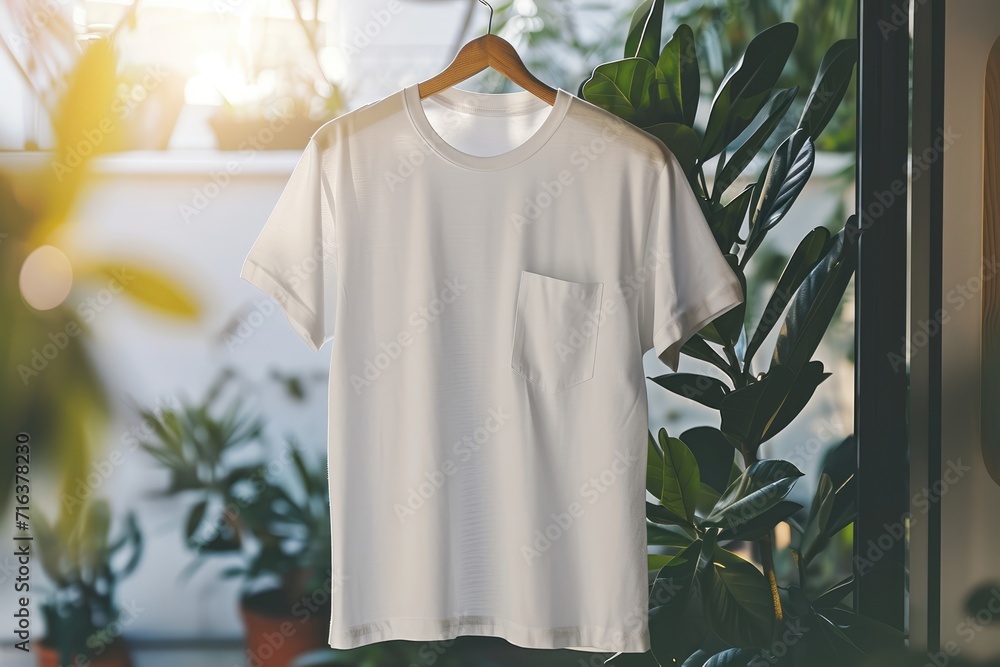 Elegantly simple white t-shirt with a pocket detail, artistically hung on a wooden hanger amidst lush indoor plants. The natural sunlight filters through the foliage, eco-friendly clothing Ai generate Elegantly simple white t-shirt with a pocket detail, artistically hung on a wooden hanger amidst lush indoor plants. The natural sunlight filters through the foliage, eco-friendly clothing Ai generate
