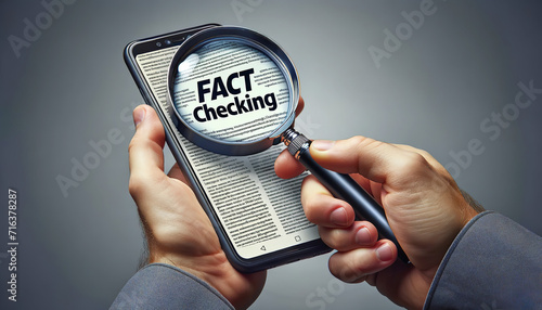 Hand holding a magnifying glass to fact check a news article.Fact checking is the process of verifying the factual accuracy of questioned reporting and statements.