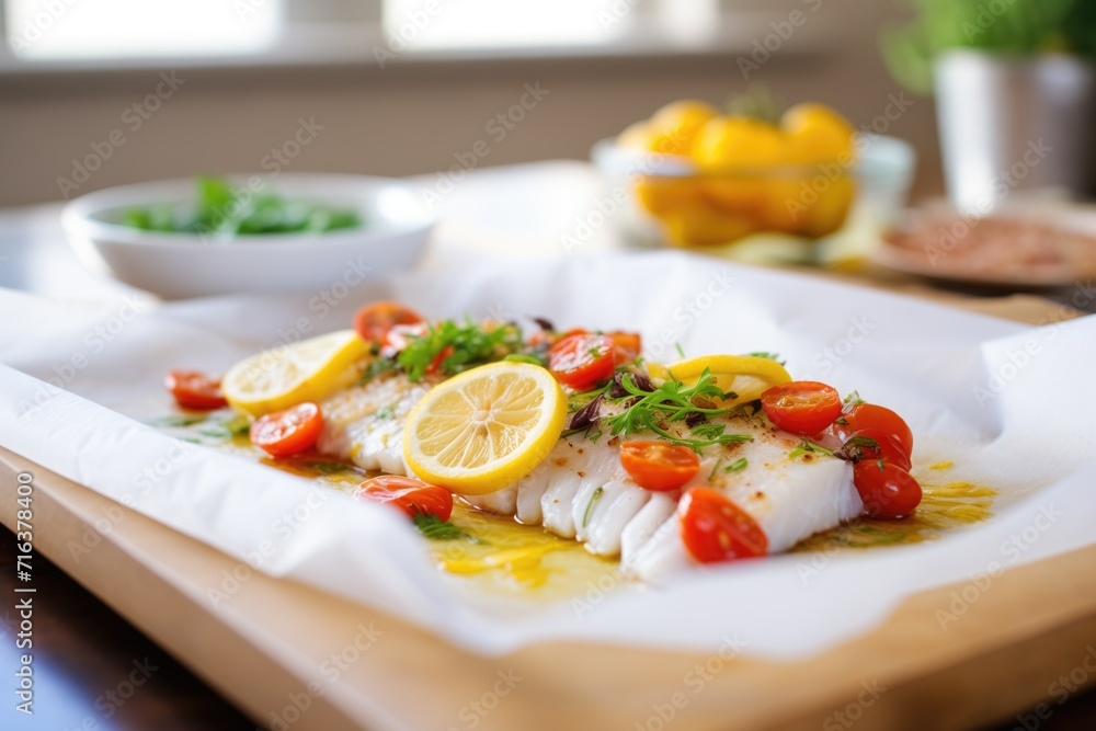 fresh cod with lemon and tomatoes on parchment fresh cod with lemon and tomatoes on parchment