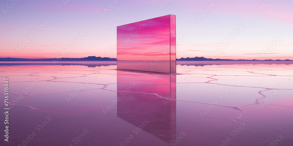 a reflective monolithic object reflecting a vivid pink sunset sky in the midst of a vast open desert landscape a reflective monolithic object reflecting a vivid pink sunset sky in the midst of a vast open desert landscape