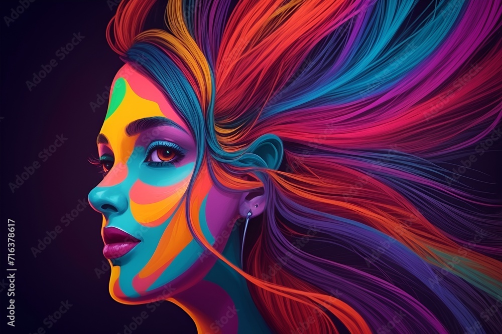 A woman portrait in a colorful  background. an illustration of visual hallucinations. Mental health concept