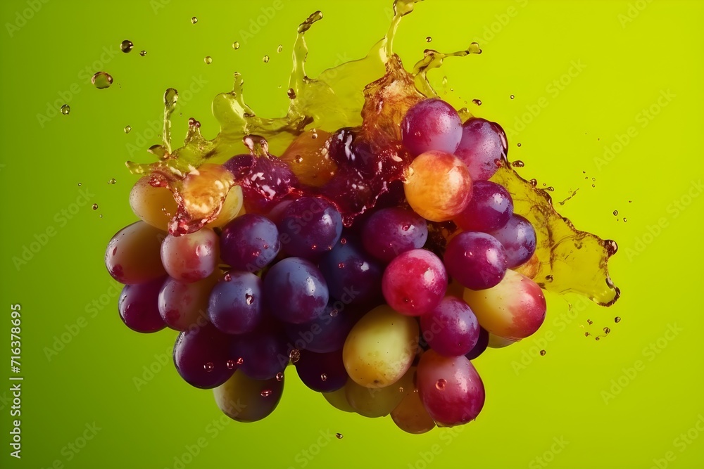 Fresh grapes flying with water splashes on bright color background
