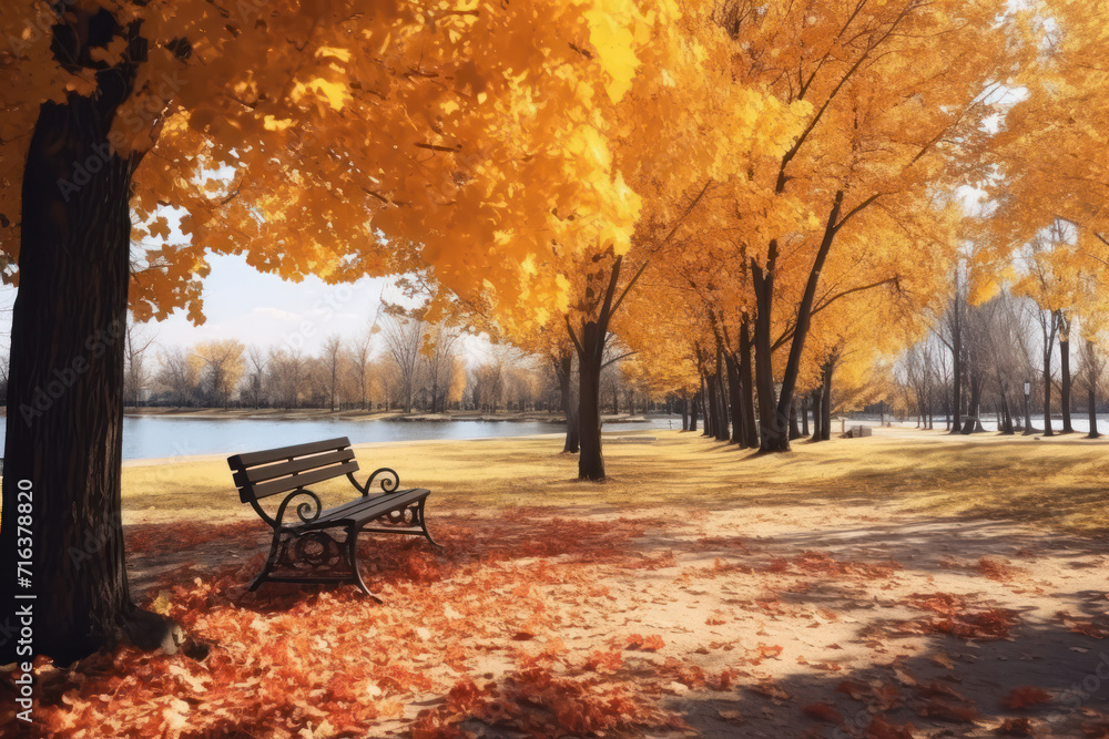 Immerse yourself in the joyful mood of autumn with this scenic view of a park featuring a bright yellow leafy carpet and trees bathed in sunlight. AI generative.