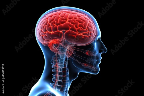 Red mind axon pain, a trigger for brain distress. A red dot signifies pain point, reflecting broken cell. Primary Headache, Migraine, Cephalalgia, interconnectedness of brain, Head pain perception