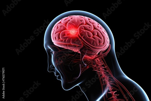 Red mind axon pain, a trigger for brain distress. A red dot signifies pain point, reflecting broken cell. Primary Headache, Migraine, Cephalalgia, interconnectedness of brain, Head pain perception