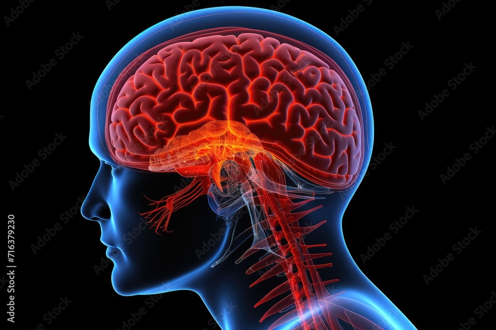 Obraz premium Red mind axon pain, a trigger for brain distress. A red dot signifies pain point, reflecting broken cell. Primary Headache, Migraine, Cephalalgia, interconnectedness of brain, Head pain perception