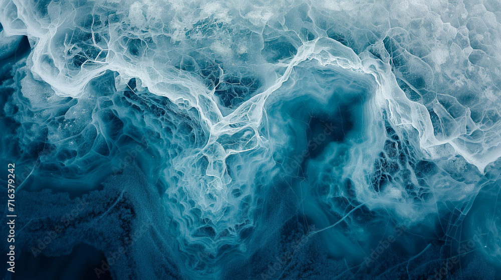 Aerial view of glacier patterns and textures, with intricate ice formations and deep blue crevasses ideal for climate change and natural wonder themes - obrazy, fototapety, plakaty 