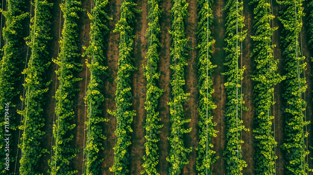 Aerial view of lush green hop fields in neat rows for brewing industry, showcasing sustainable agriculture Aerial view of lush green hop fields in neat rows for brewing industry, showcasing sustainable agriculture