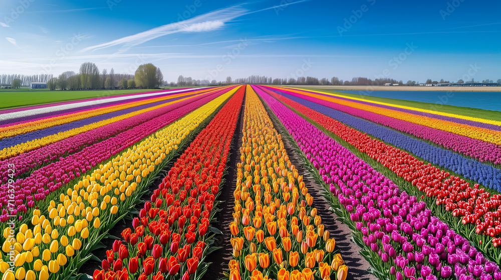 Vibrant tulip fields in the Netherlands during springtime, showcasing colorful stripes of flowers against a clear blue sky