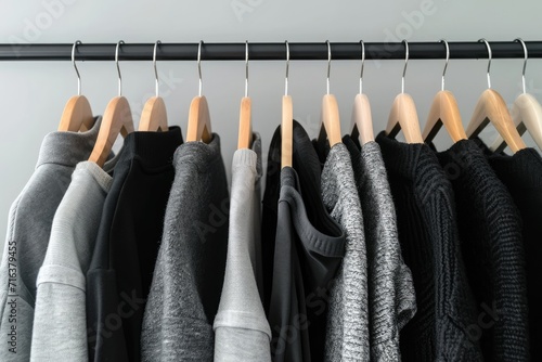 close up collection of black, gray and white color (monochrome) hanging on wooden clothes hanger in closet or clothing rack over white background. 
Ai generated