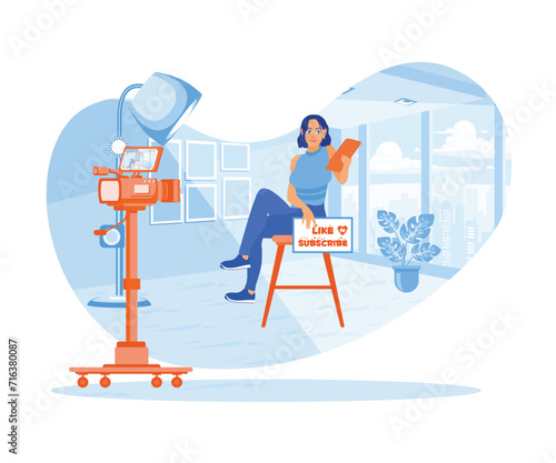 A female vlogger is recording video at home using a professional camera. Vlogger asks social media followers to Like and Subscribe. Content Creator concept. Flat vector illustration.