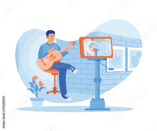Young man creates content playing guitar. Vloggers record their activities using smartphones. Content Creator concept. Flat vector illustration.