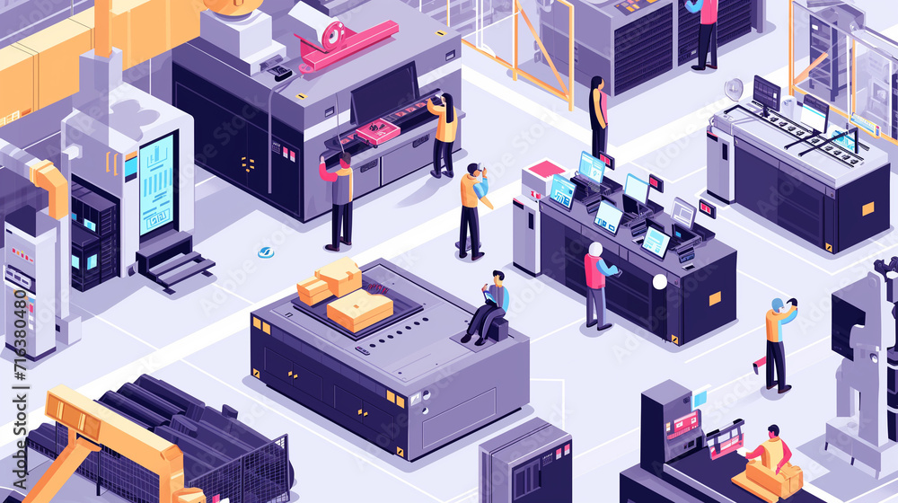 Fototapeta premium Factory floor assembly line. Workers on compact modern factory floor.