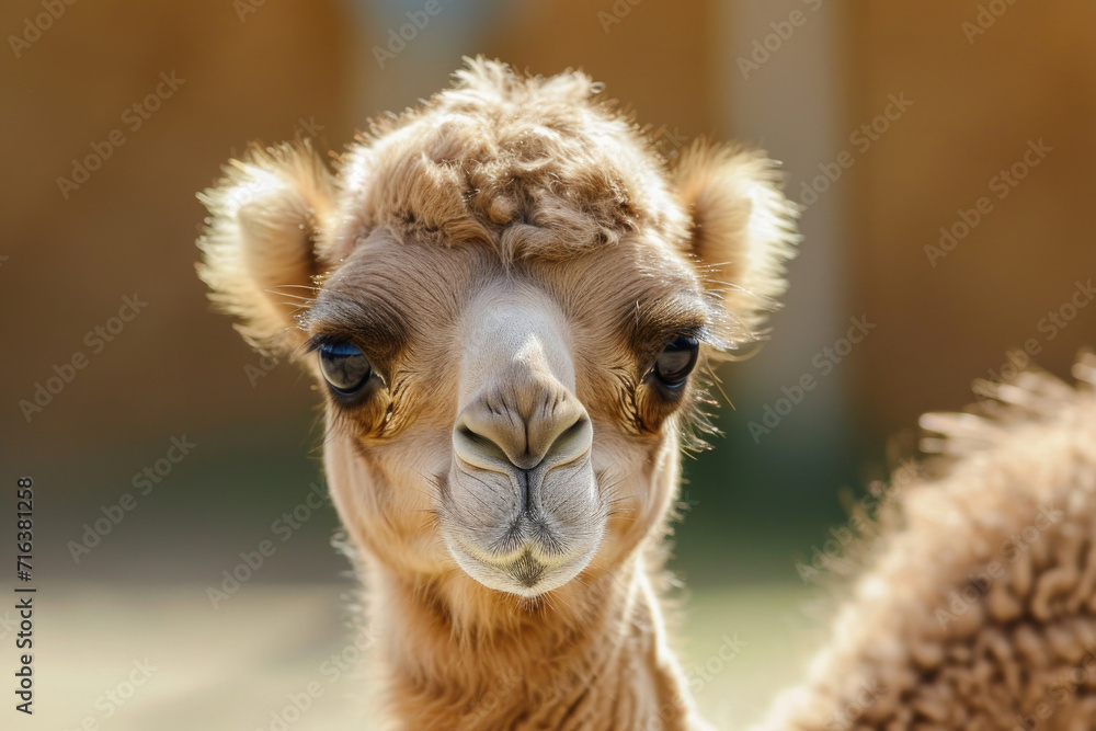 The playful expression of a baby camel, emphasizing its adorable features