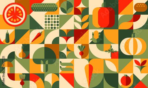 Vegetable abstract geometric pattern. Agriculture and farming background, geometric vector print. Autumn harvest vegetables retro backdrop with tomato, pumpkin, carrot and beet, corn, onion