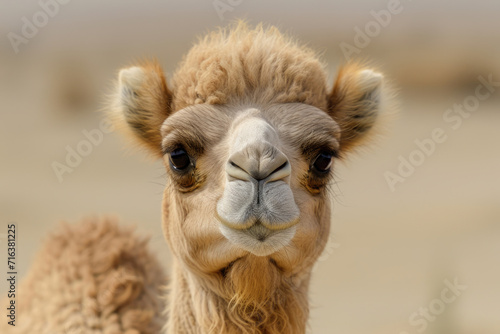 The playful expression of a baby camel  emphasizing its adorable features
