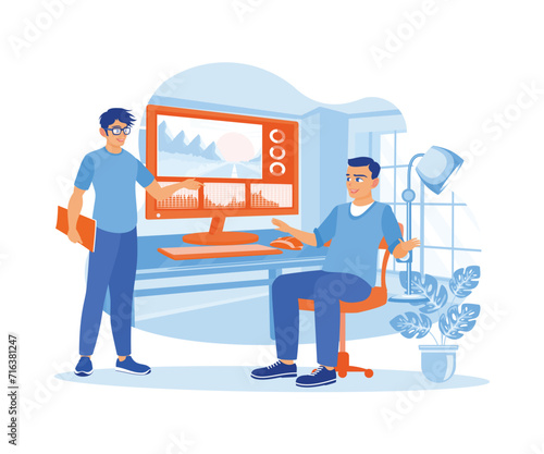 The producer and the man in glasses work together to edit a documentary or commercial video. Video Editor concept. Flat vector illustration.