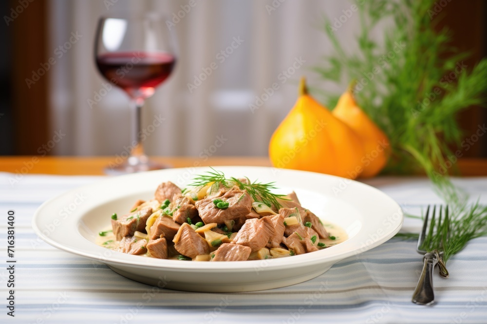 beef stroganoff ready for serving, with a glass of red wine beside it beef stroganoff ready for serving, with a glass of red wine beside it