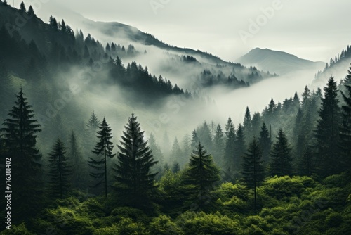 Mystical forest with thick clouds of mist among the trees, Generative AI © Shooting Star Std