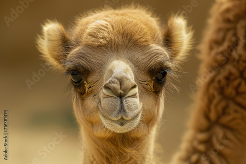 The playful expression of a baby camel  emphasizing its adorable features