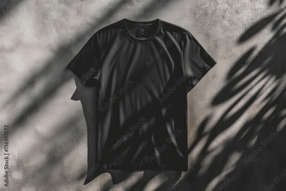 A classic black t-shirt laid flat against a textured concrete backdrop. Pure black fabric contrasts sharply with the rough, grey surface and casual style are highlighted by the urban  Ai generated