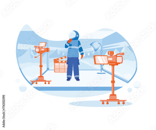 Behind the scenes of making an astronaut film on a giant LED screen. The cinematographer shot the Mars scene. Film Production concept. Flat vector illustration.