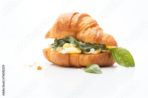 croissant filled with egg, spinach, and feta cheese on white background