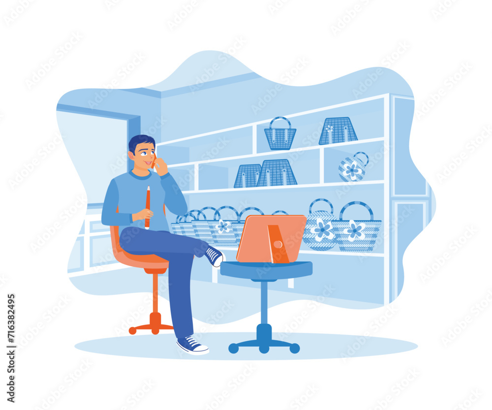 The owner of a craft shop records the stock of goods in the shop. Make calls to customers to confirm orders. Digital business concept. Flat vector illustration. The owner of a craft shop records the stock of goods in the shop. Make calls to customers to confirm orders. Digital business concept. Flat vector illustration.