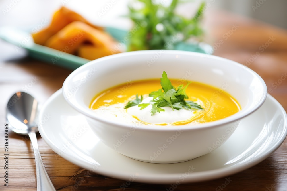 bowl of butternut soup with a dollop of sour cream bowl of butternut soup with a dollop of sour cream