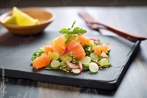 cactus salad with grapefruit segments on a slate board for a citrus twist