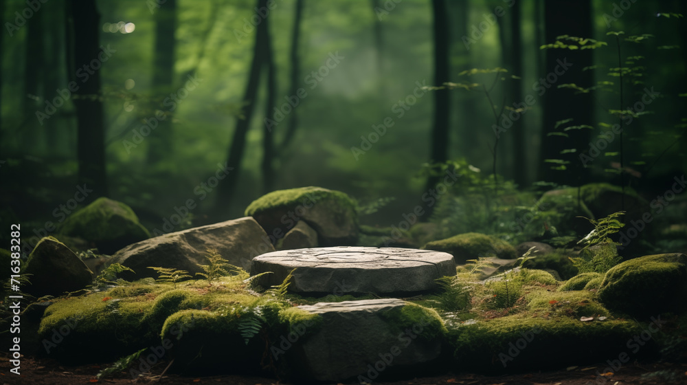 Flat stone podium in the magical forest , empty round stand background Flat stone podium in the magical forest , empty round stand background