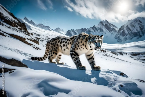 close encounter with a regal snow leopard, its spotted coat camouflaging seamlessly with the mountainous terrain, showcasing elusive beauty