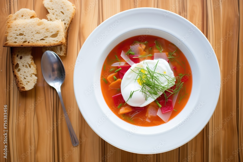 overhead shot of traditional borscht with a dollop of sour cream and bread overhead shot of traditional borscht with a dollop of sour cream and bread