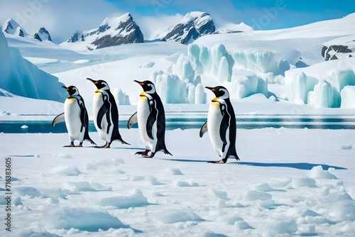 family of penguins waddling across an icy landscape, their comical and endearing antics capturing the charm of these resilient Antarctic inhabitants