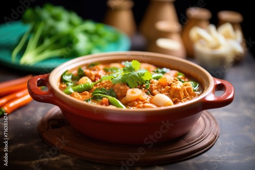 side view of chana masala in a clay pot with spoon