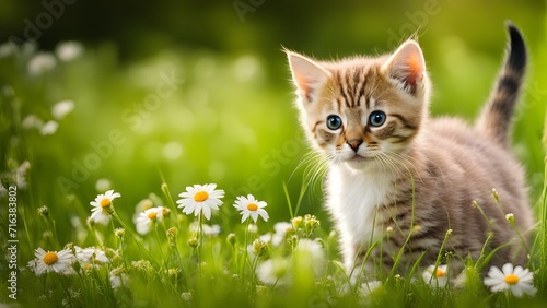 Cute little kitten sitting in daisies flowers on the grass