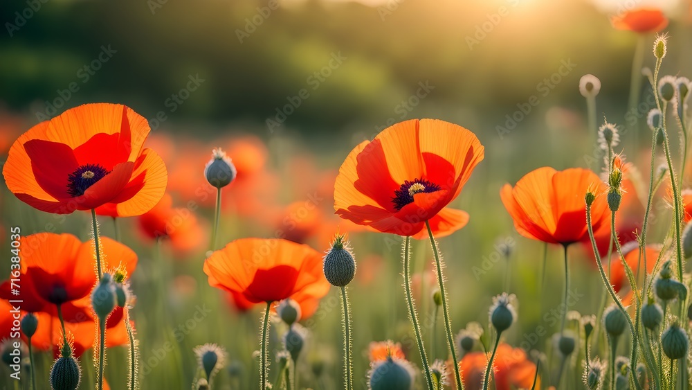 beautiful red poppies on a blurred background