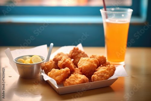 fast food carton of nuggets and a soft drink