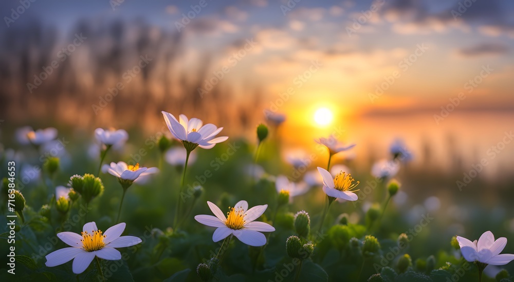 Beautiful delicate pink flowers on a sunset