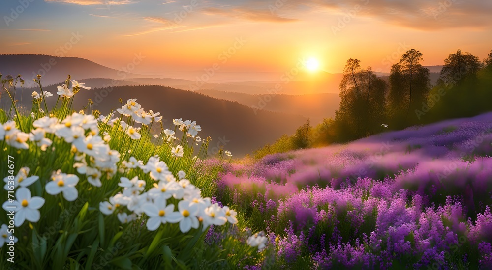 Fototapeta premium different wildflowers on a sunset background