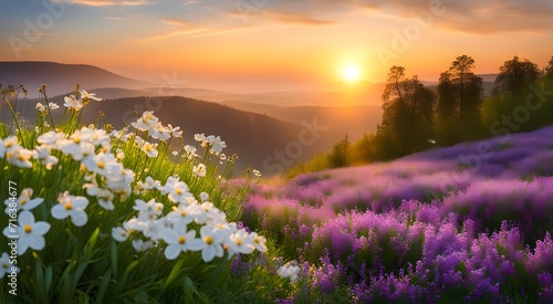 different wildflowers on a sunset background