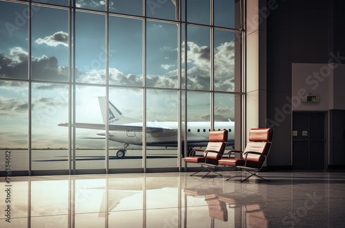 An engaging view from an airport waiting room, capturing the essence of travel with a parked airplane visible, symbolizing the anticipation of a journey.