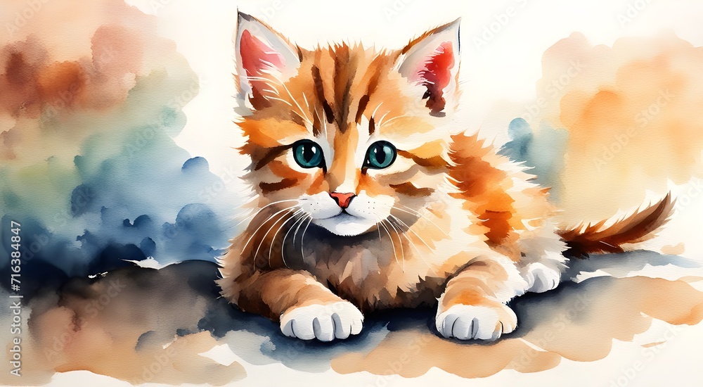 Ginger cute kitten watercolour - obrazy, fototapety, plakaty 