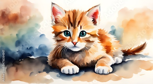 Ginger cute kitten watercolour photo