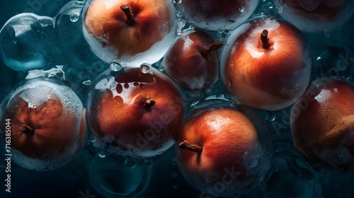 Fresh ice apples with water splashes and drops on black background photo
