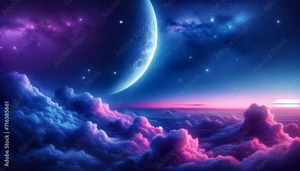 Fantasy Skyline with Moon and Stars Above Clouds purple gradient mystical moonlight sky with clouds and stars phone background wallpaper ai generated