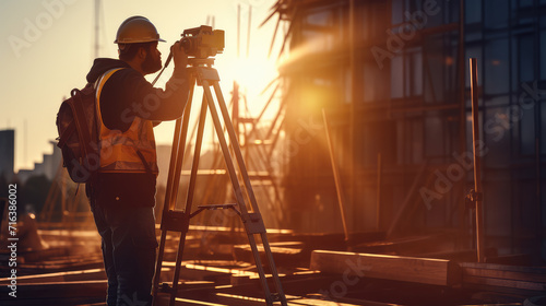 In the midst of a construction project, this image highlights a surveyor's skill with theodolite transit, crucial for architectural precision and land development.