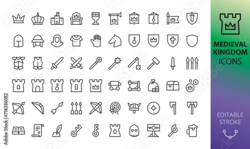 Medieval Kingdom isolated icons set. Set of king crown, castle, throne, medieval knight, tower, sword, shield, bow, arrow, crossbow, armor, weapons, siege weapon, banner, viking helmet vector icon photo